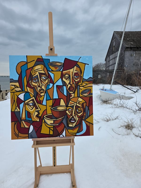Painting on easel, Provincetown waterfront, winter 2026